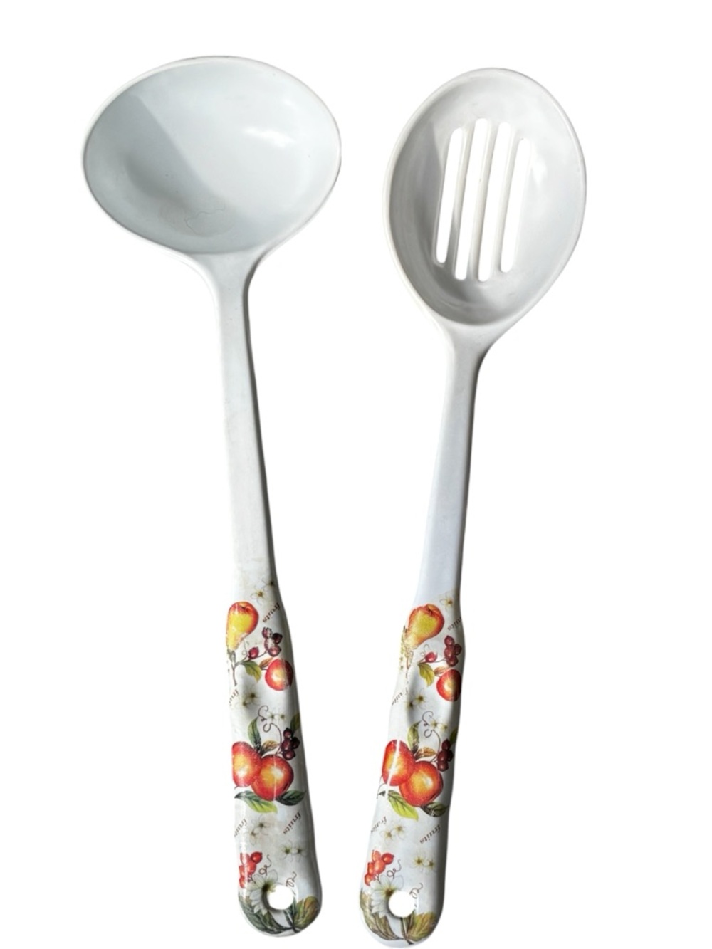 Set Of 2 Large Melamine Ware Kitchen Utensil Slotted/Serving Spoon Fruit Pattern